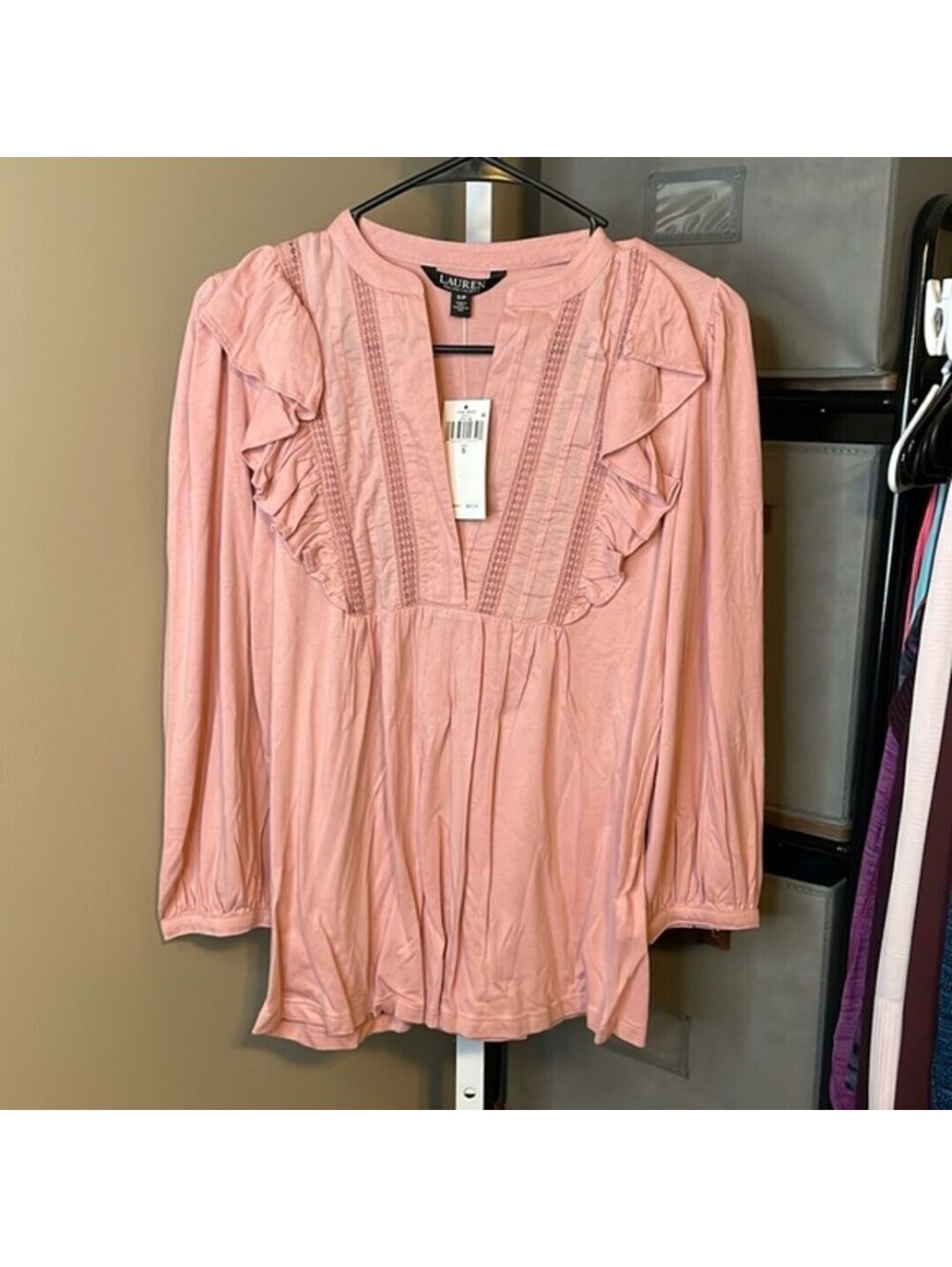 NWT Lauren Ralph Lauren Peasant 3/4 Sleeve Blouse Sz Small Rose Tan